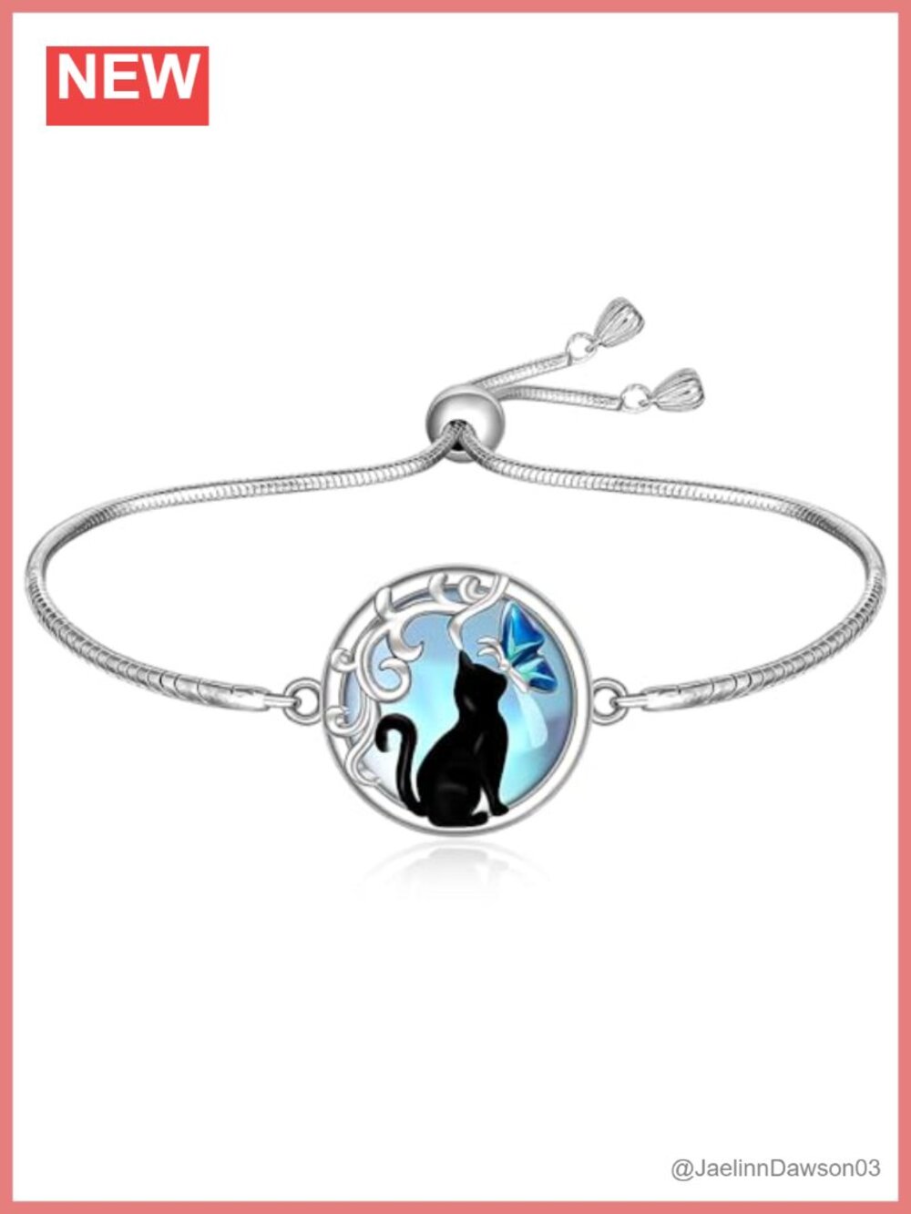 S925 Sterling Silver Cat Bracelet Moonstone Butterfly Adjustable